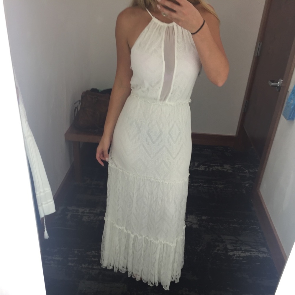Ivory white lace mesh illusion maxi boho dress